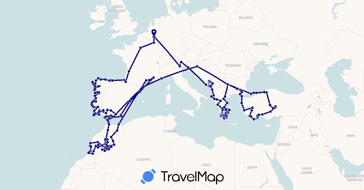 TravelMap itinerary: driving in Albania, Belgium, Bulgaria, Spain, France, Greece, Croatia, Italy, Morocco, Montenegro, Portugal, Turkey (Africa, Asia, Europe)